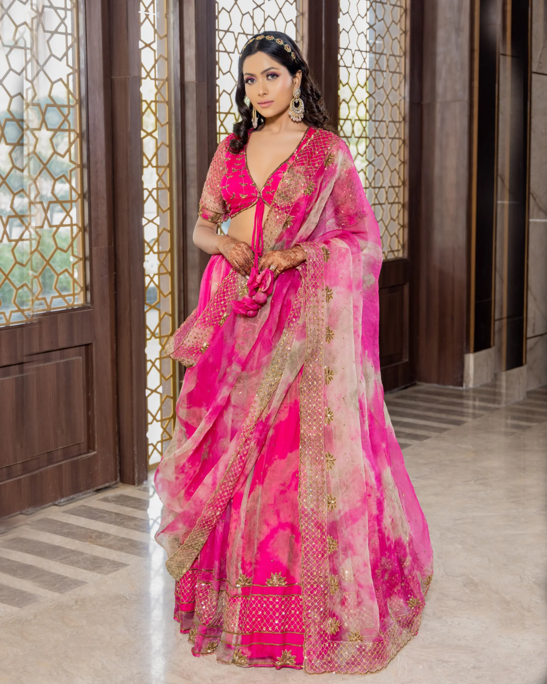 Sonali Bansal - Gulaabo-Rani pink tie and dye hand embroidered lehenga set From Phiroza