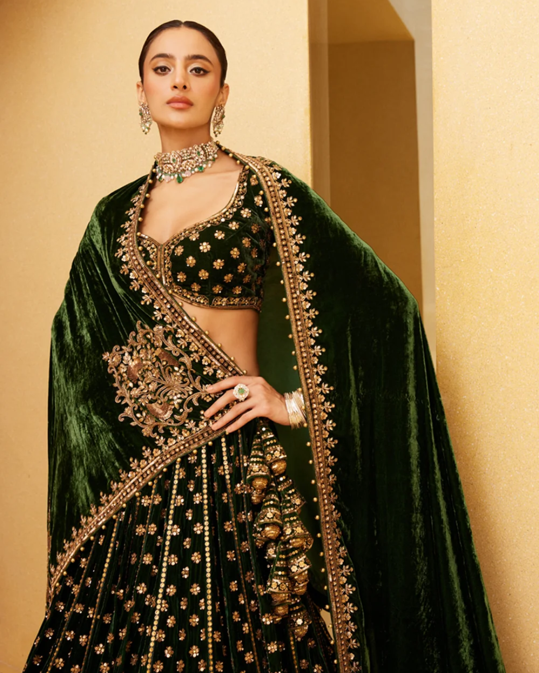 Prevasu - Green Velvet Bridal Lehenga Set From Eraya