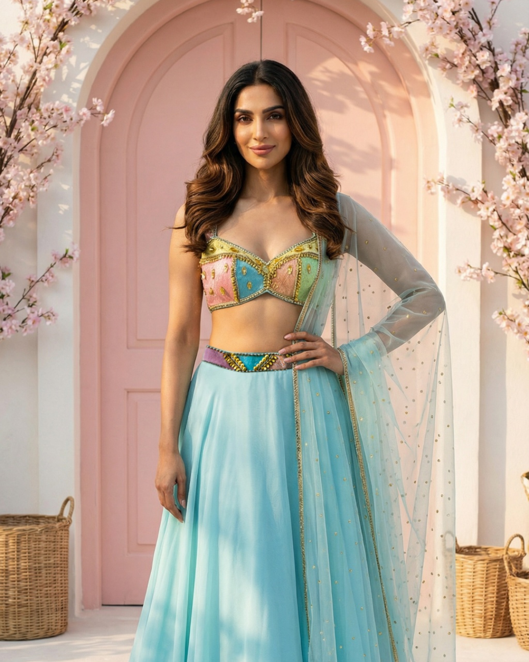 Anisha Shetty - Sky Blue Lehenga With Multicolour Cutdana Blouse