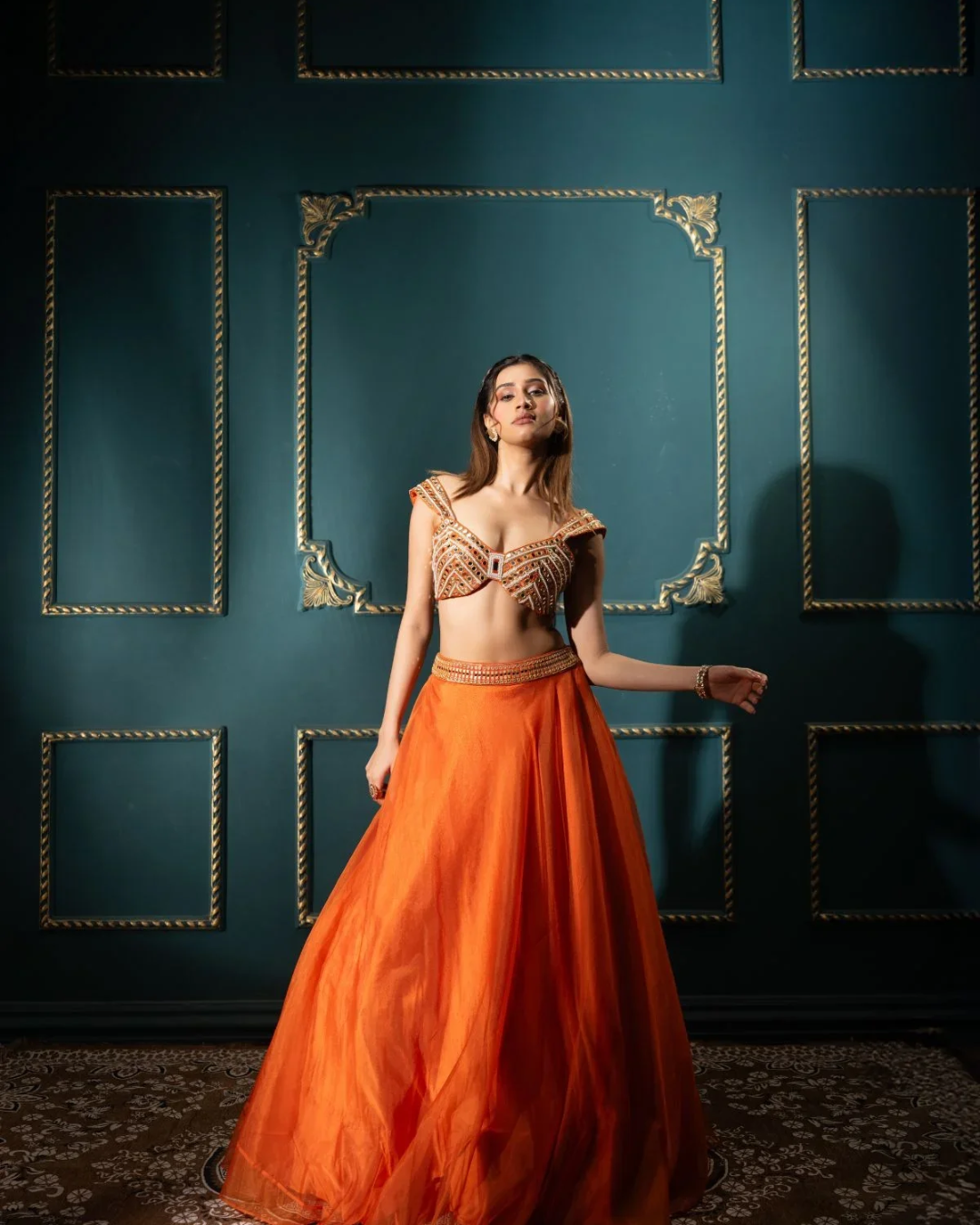 Anisha Shetty - Tangelo Organza Lehenga Set From Rangin