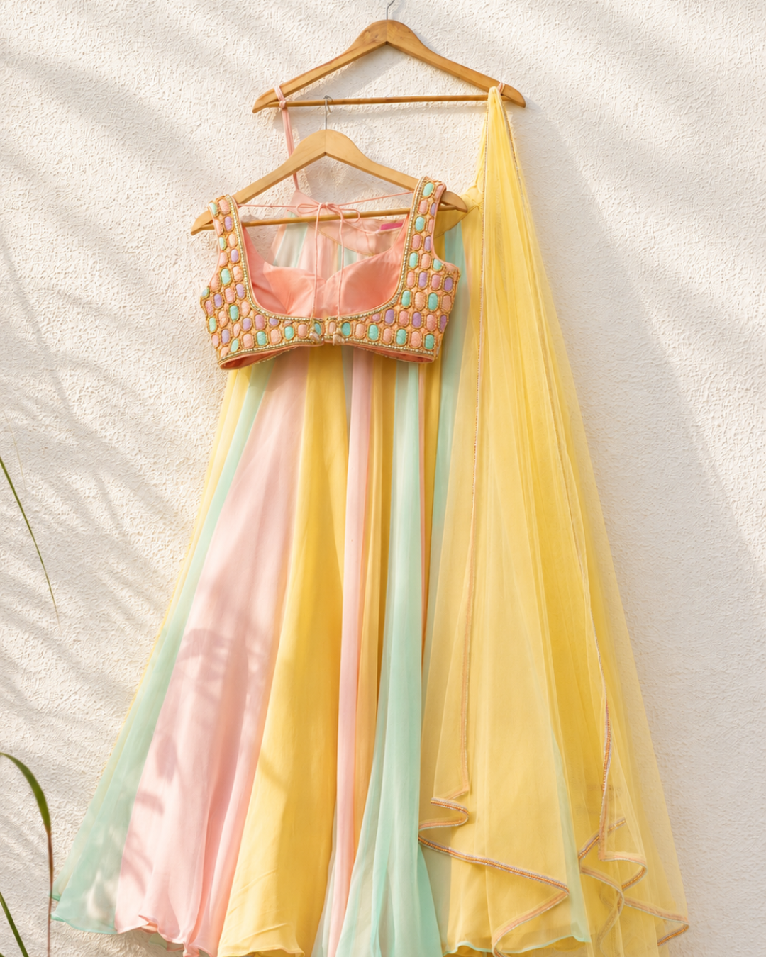 Anisha Shetty - Peach Oval Multicolour Cutdana Blouse With Multicolour Lehenga Set
