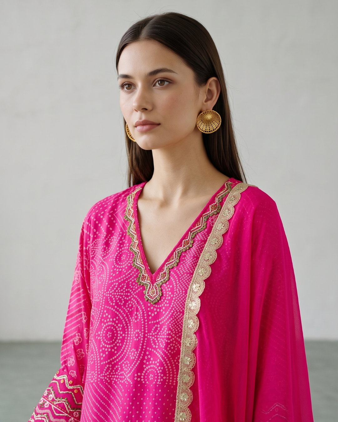 Basanti Kapde Aur Koffee - Rani-Pink Bandhej Kaftan Set From Suits & Shararas