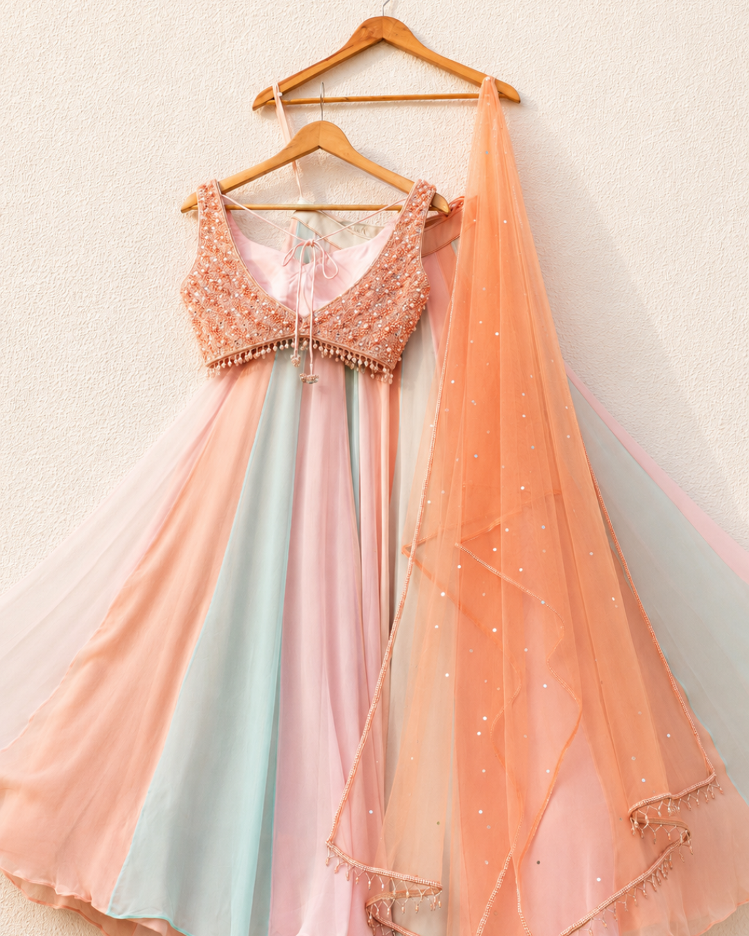 Anisha Shetty - Multicolour Lehenga With Peach Pearl And Sequence Blouse Set