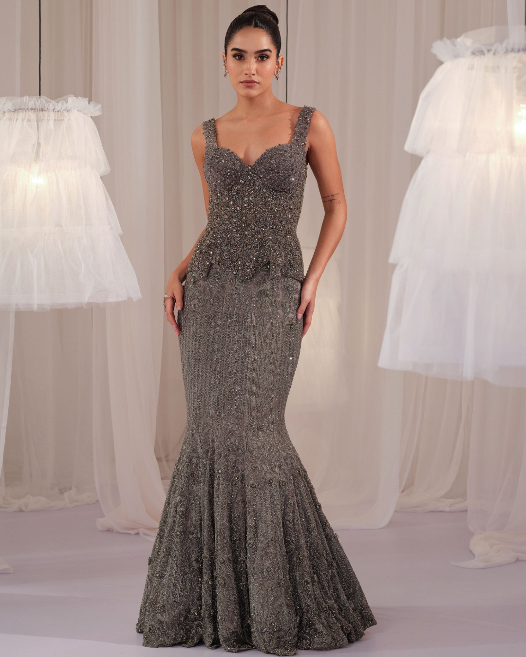 K&A By Karishma And Ashita - Stardust Grey Crystal Corset With Fishcut Lehenga From First Love
