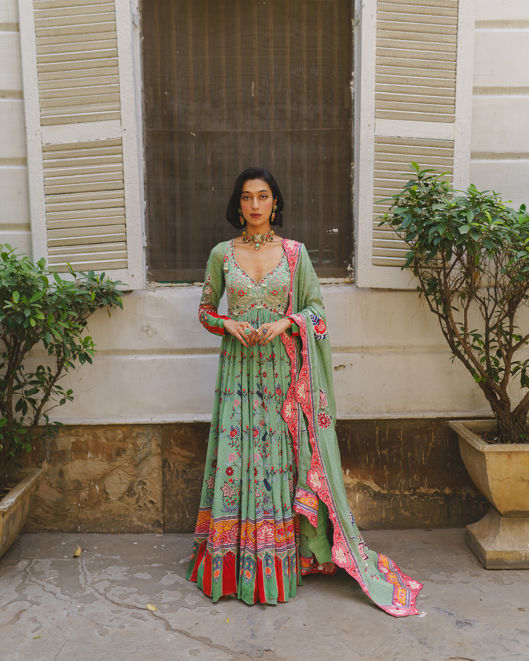 Aditi Gupta - Pista Green Floral Anarkali Set