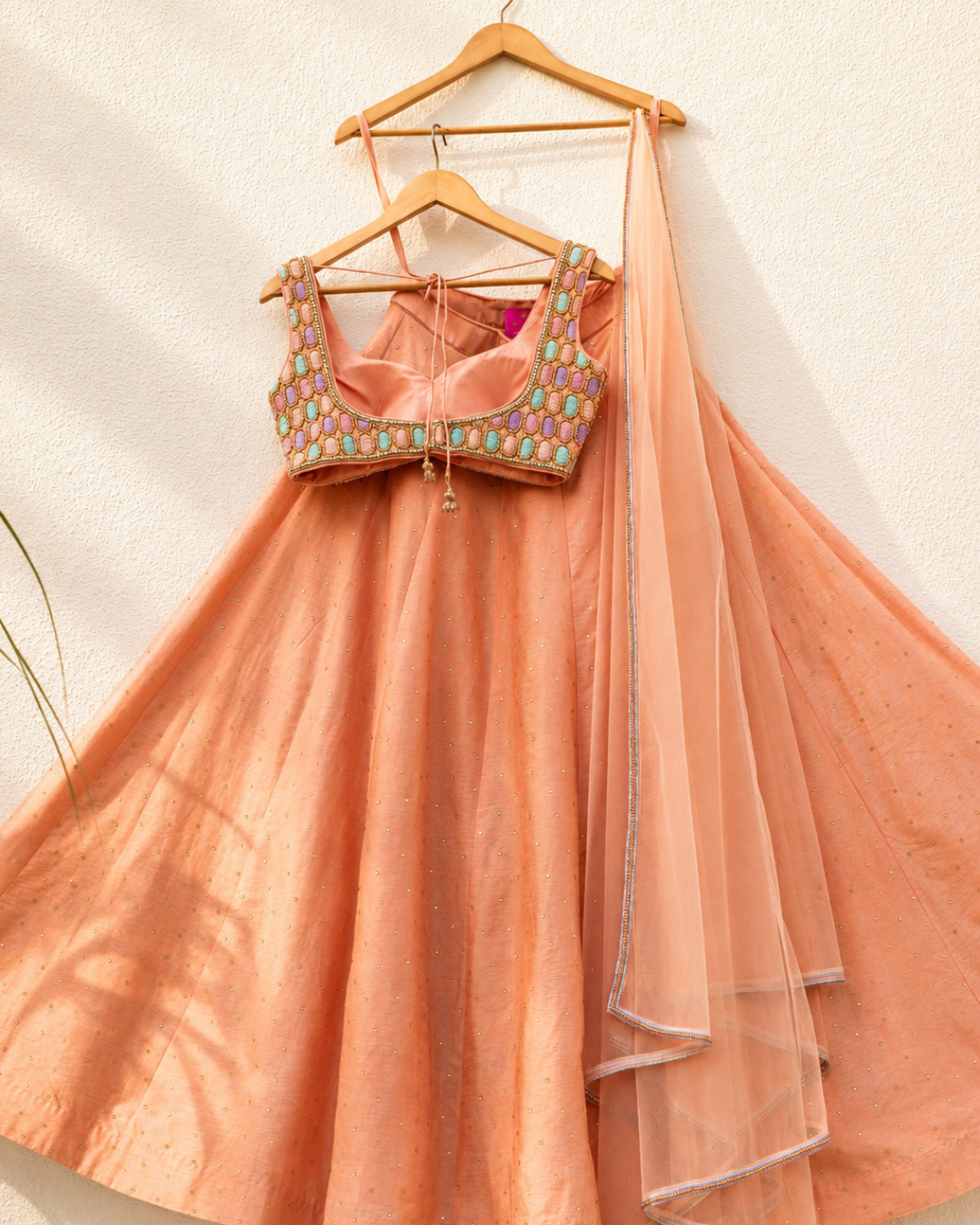 Anisha Shetty - Peach Stonework Lehenga Set With Multicolour Oval Cutdana Blouse Set