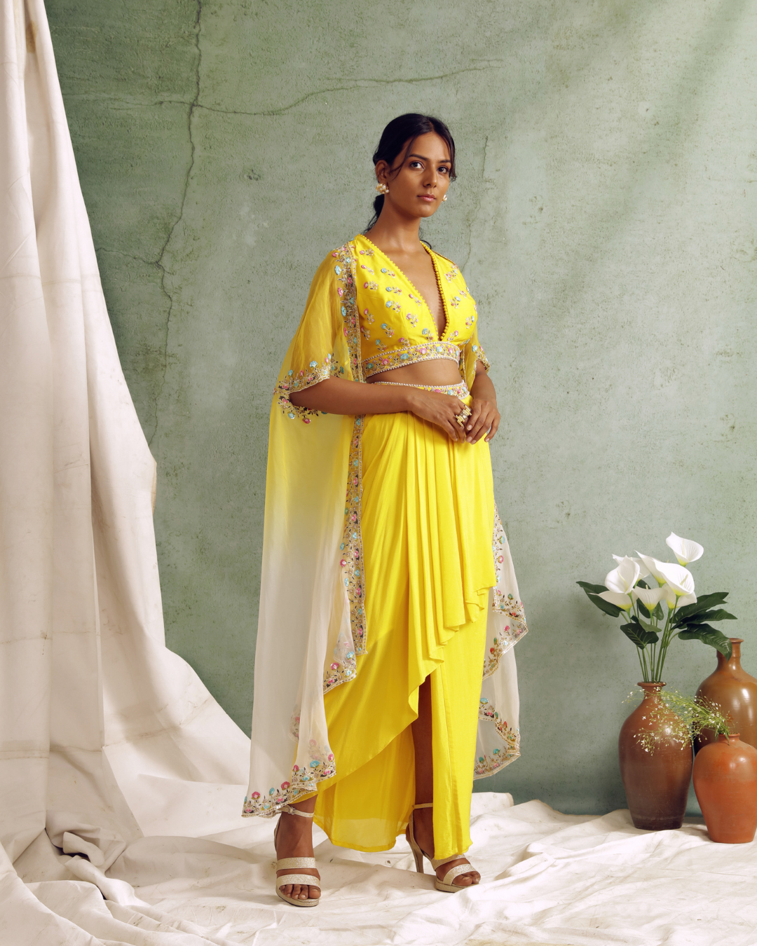 Priyanka Jain - Crop Top With Draped Skirt And Cape From Love Of Tomorrow
