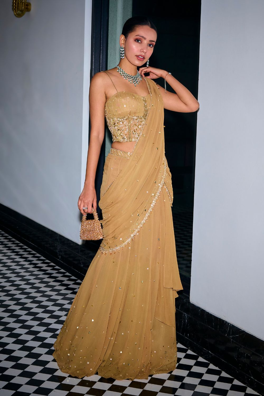 Sanya Gulati - Gold Sequins Tiered Saree With Corset Set from Kia & Kyara