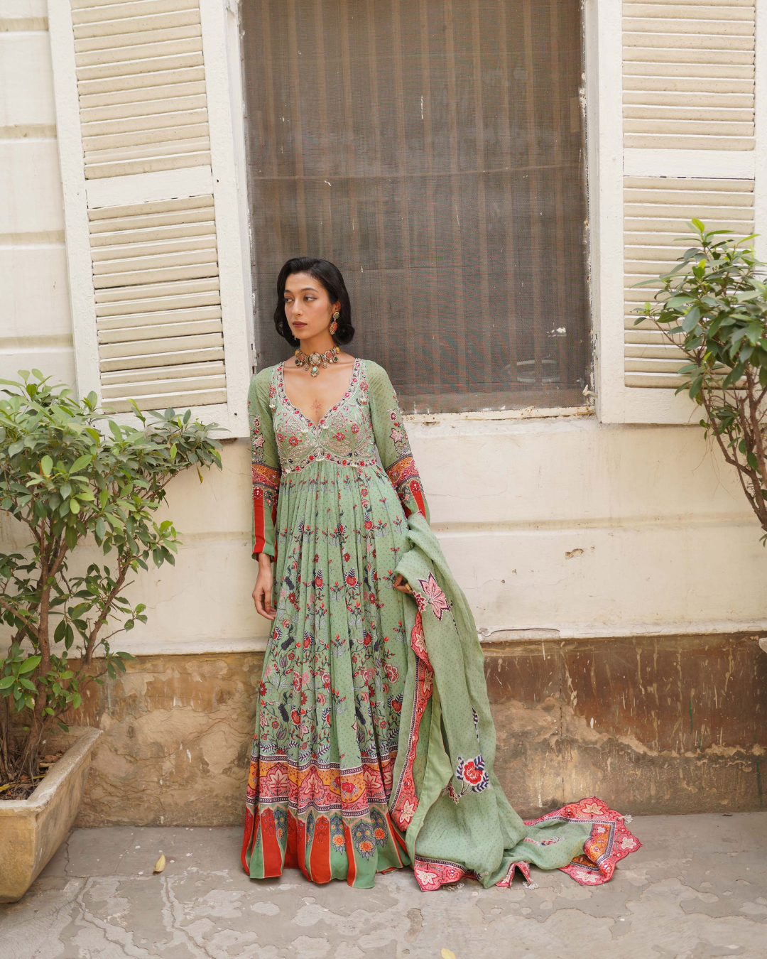 Aditi Gupta - Pista Green Floral Anarkali Set