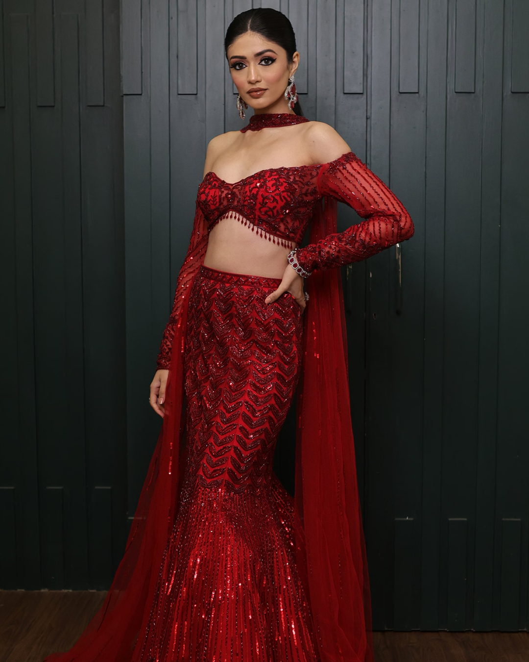 Isa by Dolly Wahal - Deep Red Fishcut Lehenga From Farra