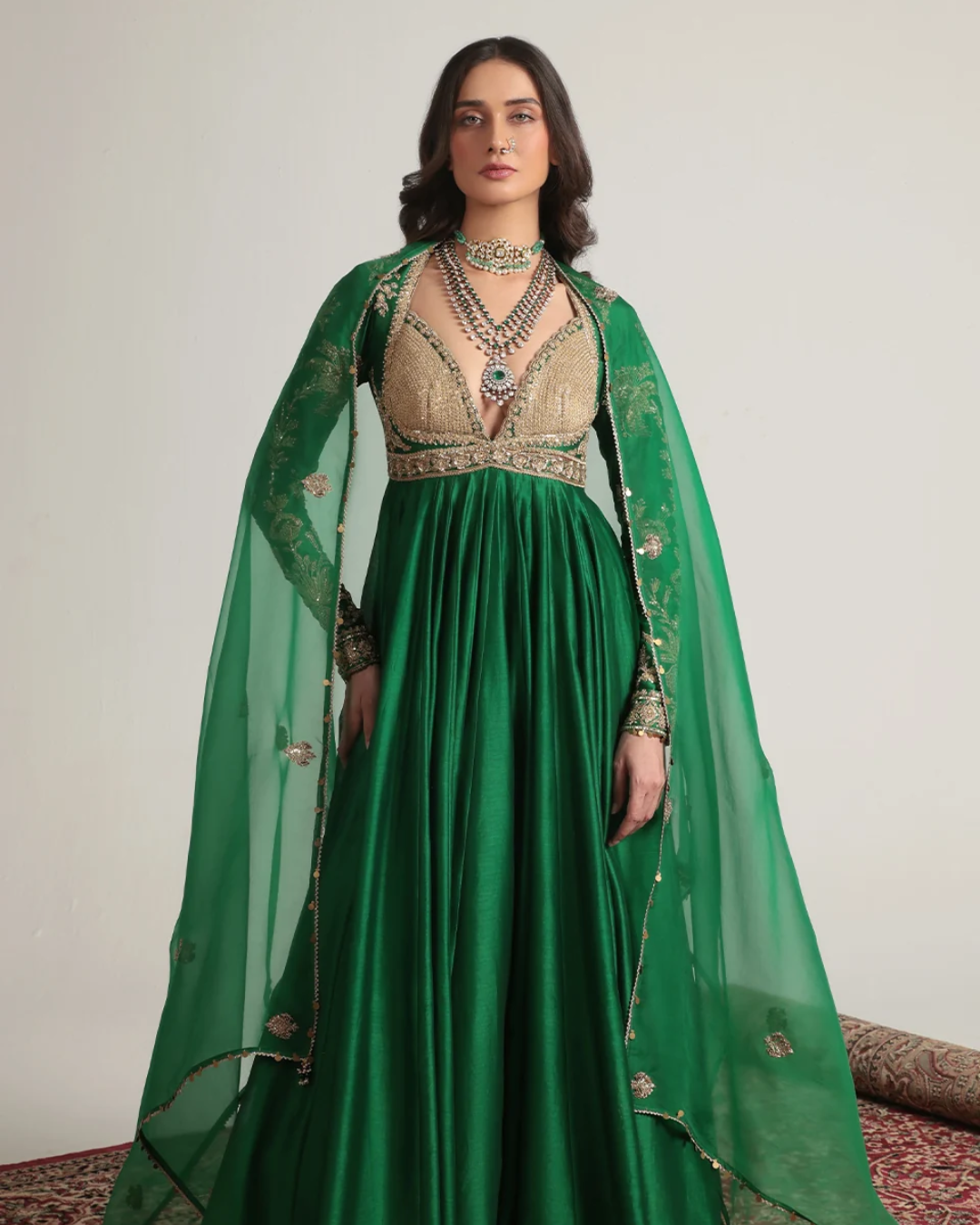 Niti Bothra - Zar-Rang Green Heavy Yoke Kalidar Set