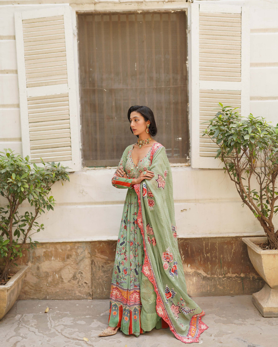 Aditi Gupta - Pista Green Floral Anarkali Set