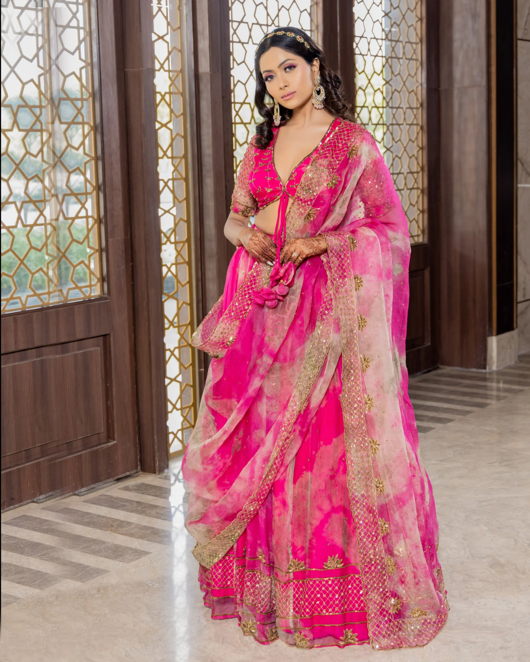 Sonali Bansal - Gulaabo-Rani pink tie and dye hand embroidered lehenga set From Phiroza