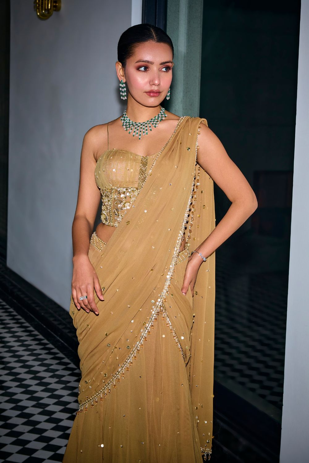 Sanya Gulati - Gold Sequins Tiered Saree With Corset Set from Kia & Kyara