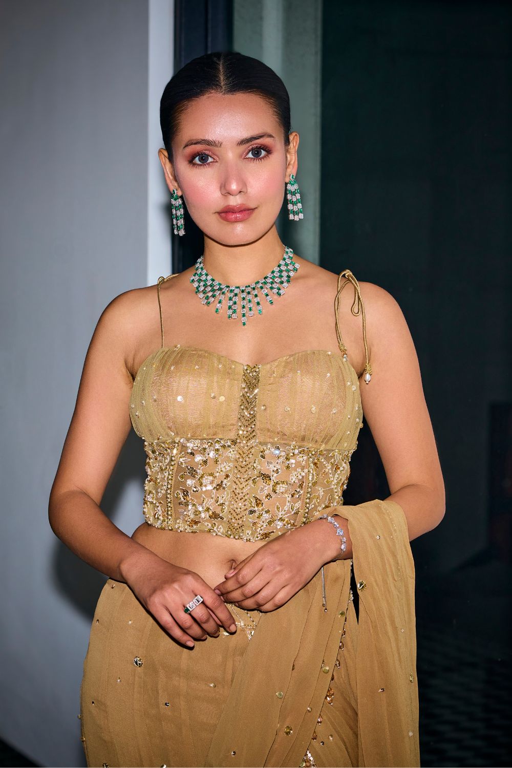 Sanya Gulati - Gold Sequins Tiered Saree With Corset Set from Kia & Kyara