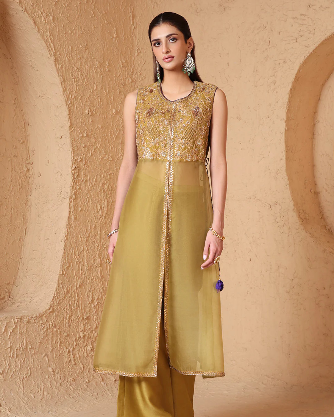 Niti Bothra - Mehrang Olive Green Tie-up Sleeveless Kurta Set