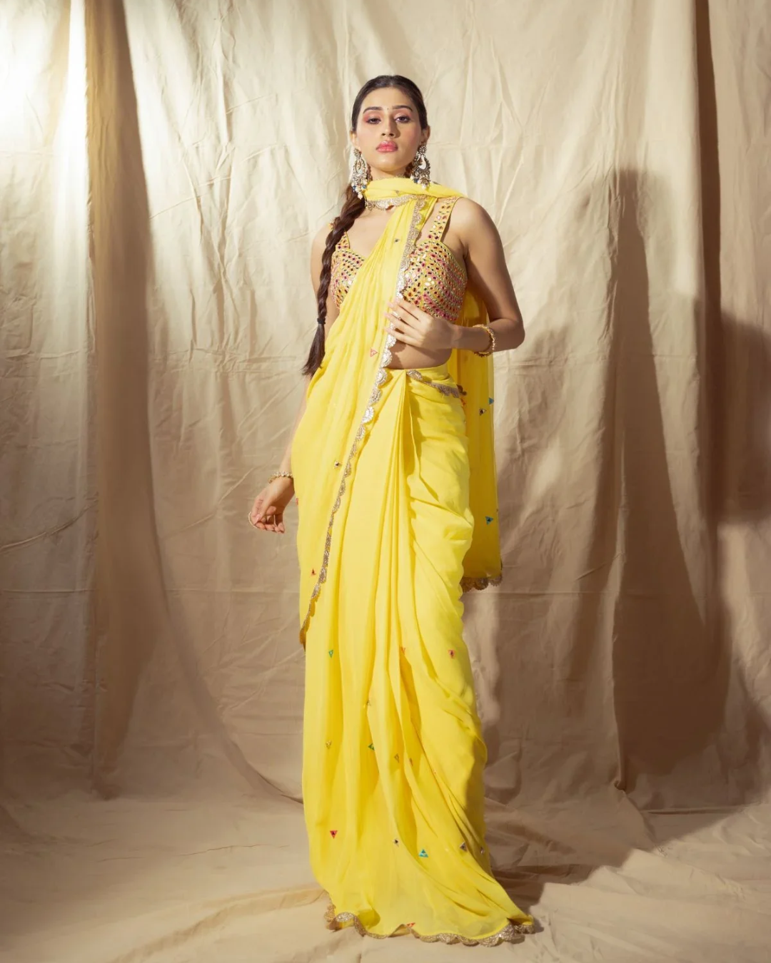 Anisha Shetty - Yellow Prestitched Saree From Rangin