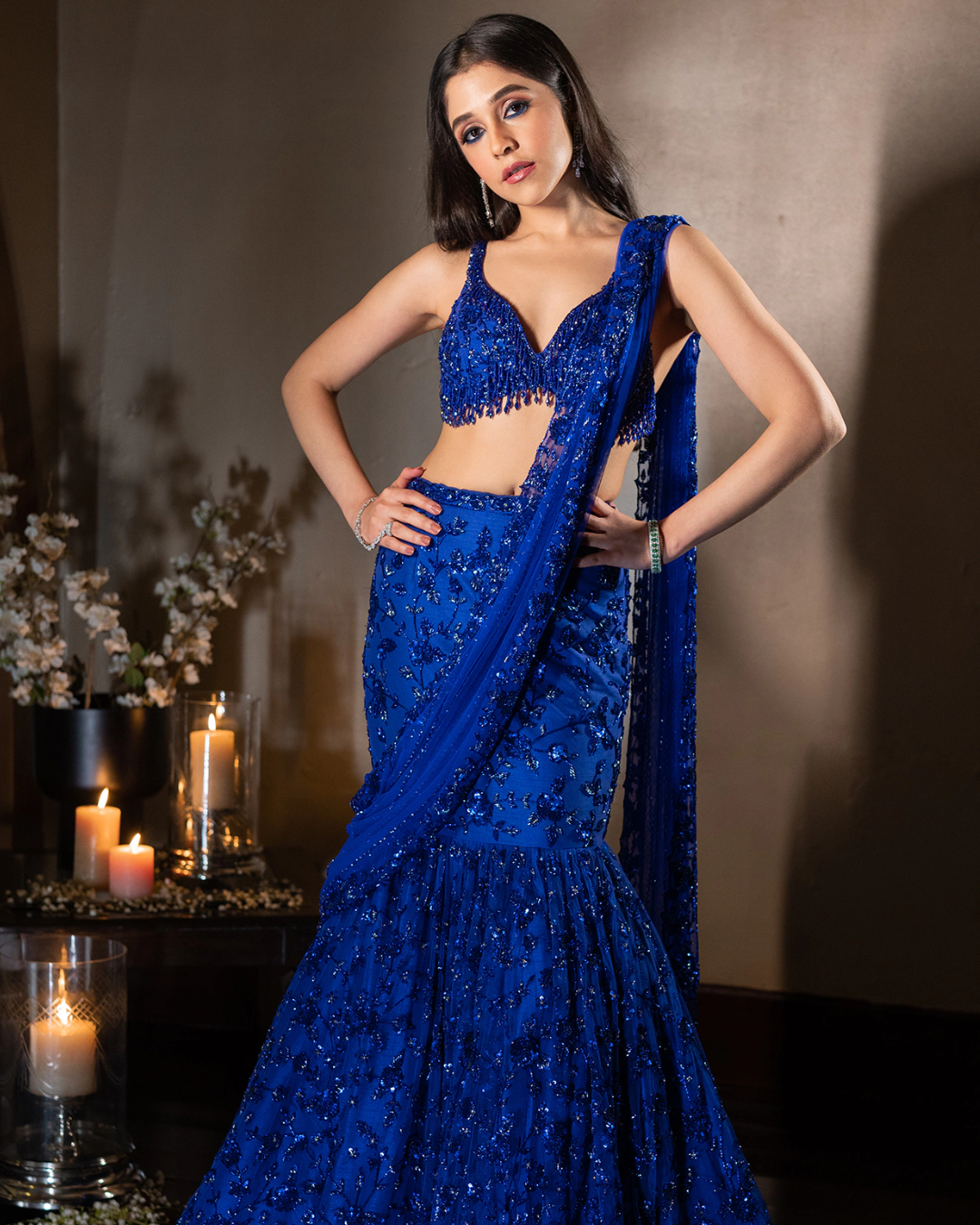 Isa by Dolly Wahal - Electric Blue Net Embroidered Fish-Cut Lehenga Set