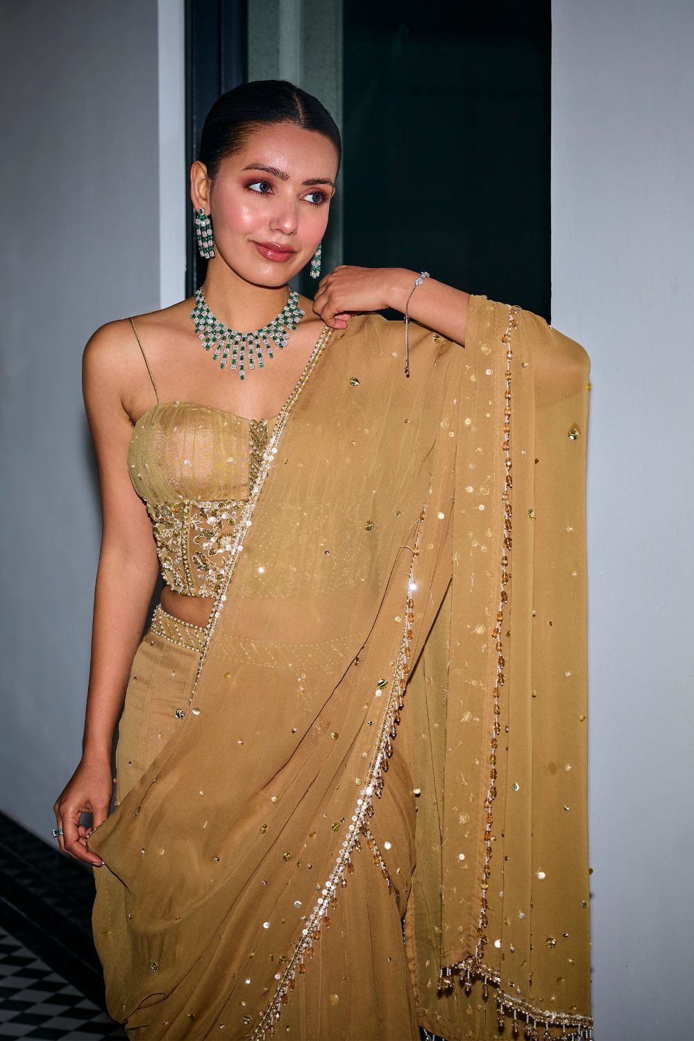 Sanya Gulati - Gold Sequins Tiered Saree With Corset Set from Kia & Kyara