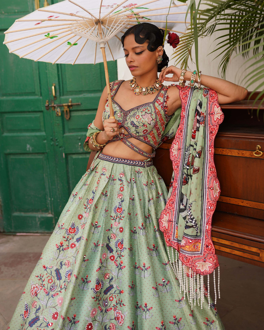 Aditi Gupta - Floral Pista Green Lehenga Set