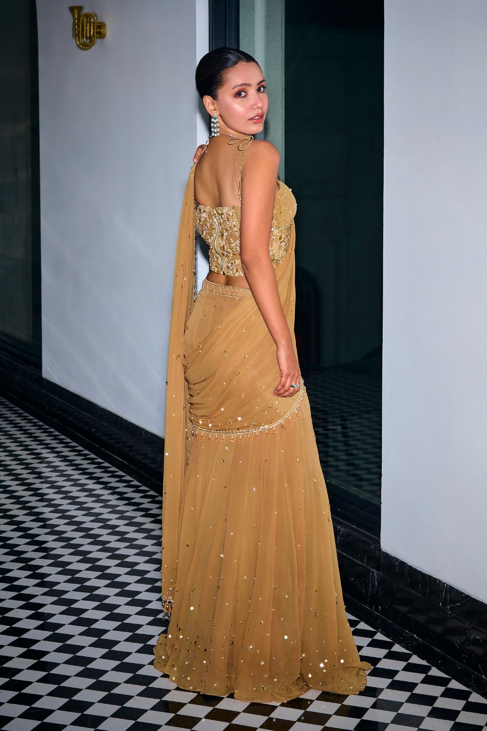 Sanya Gulati - Gold Sequins Tiered Saree With Corset Set from Kia & Kyara