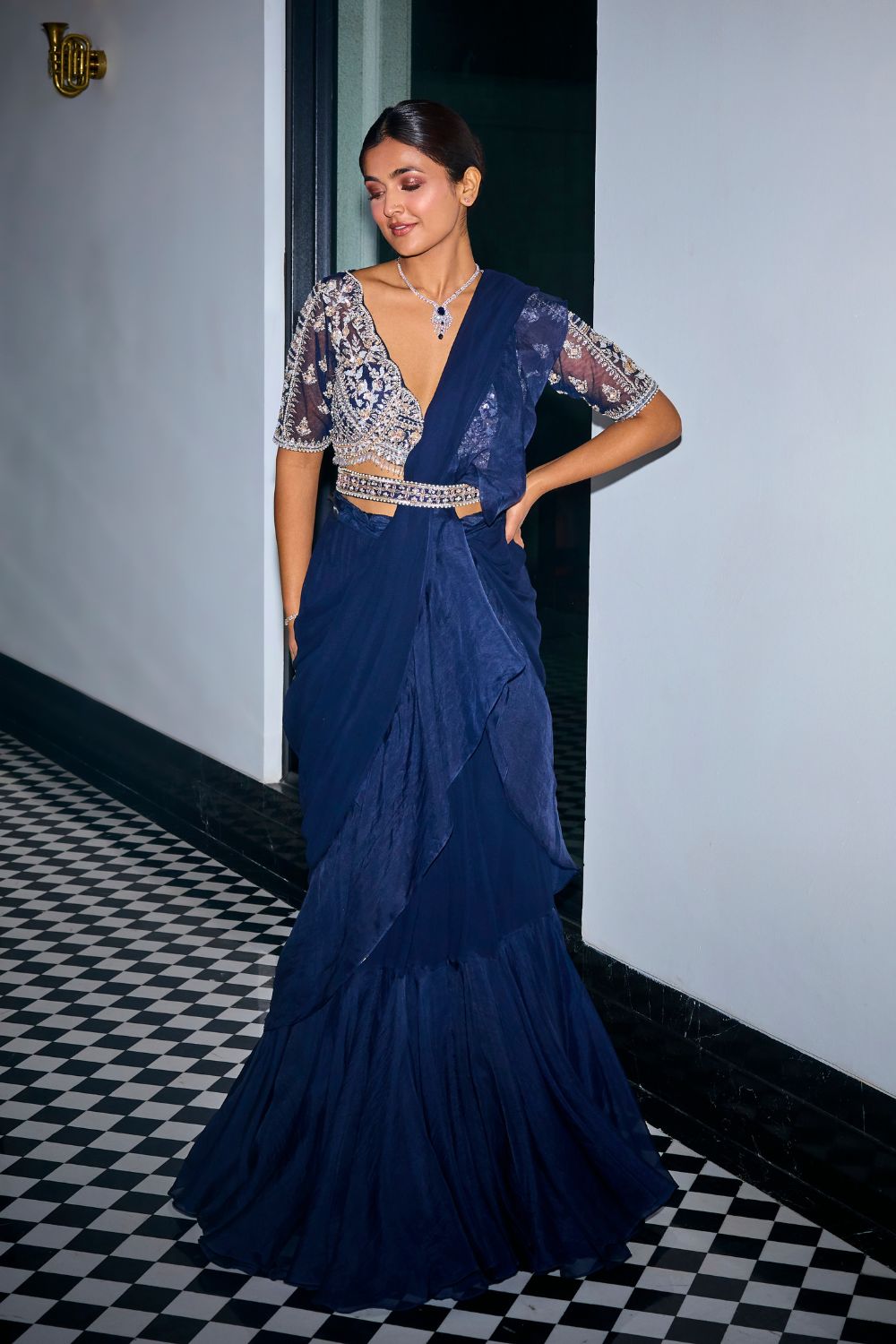 Sanya Gulati - Midnight Blue Ruffle Saree from Kia & Kyara