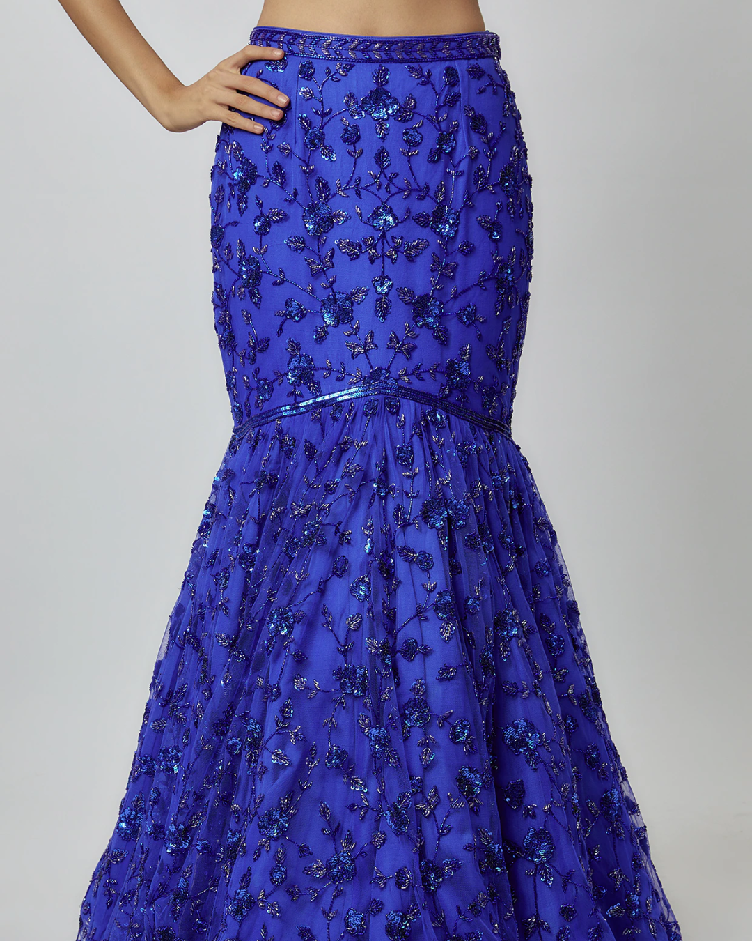 Isa by Dolly Wahal - Electric Blue Net Embroidered Fish-Cut Lehenga Set
