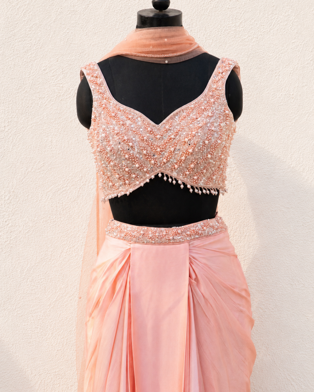 Anisha Shetty - Peach Sequence And Pearl Blouse With Pleated Skirt And Dupatta