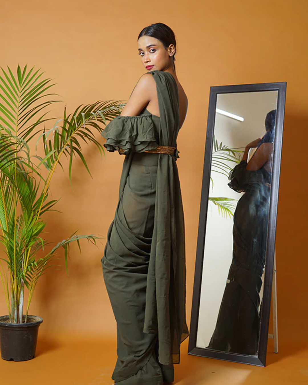 Sonali Bansal - Olive green saree set with waistbelt From Fiza