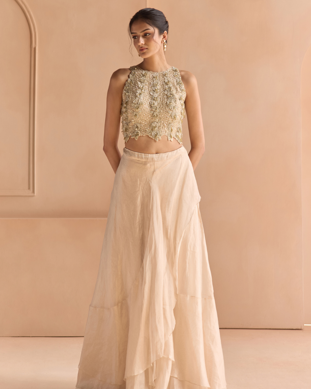 Osaa By Adarsh - Beige Champagne Waterfall Skirt Set From Off The Record