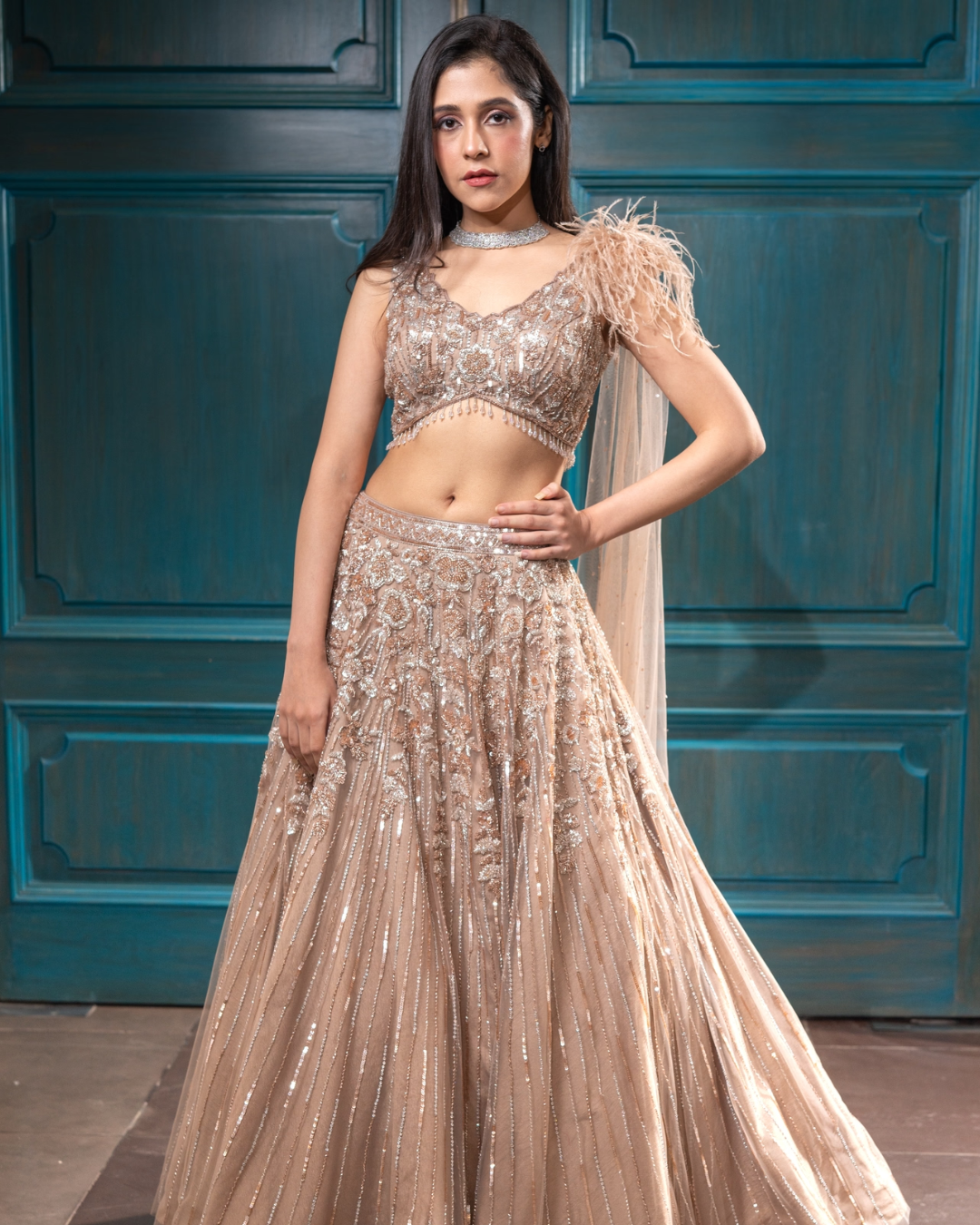 Isa by Dolly Wahal - Nude Gold Lehenga From Athena