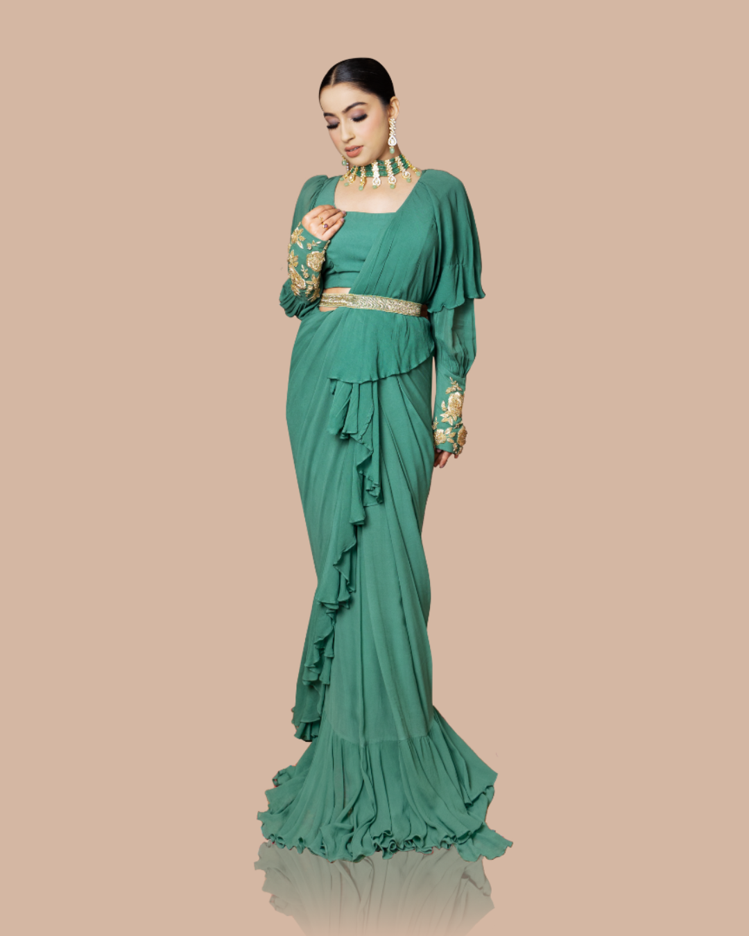 Sonali Bansal - Turquoise blue drape saree with ruffles paired with blouse and waist belt From Wedding Capsule