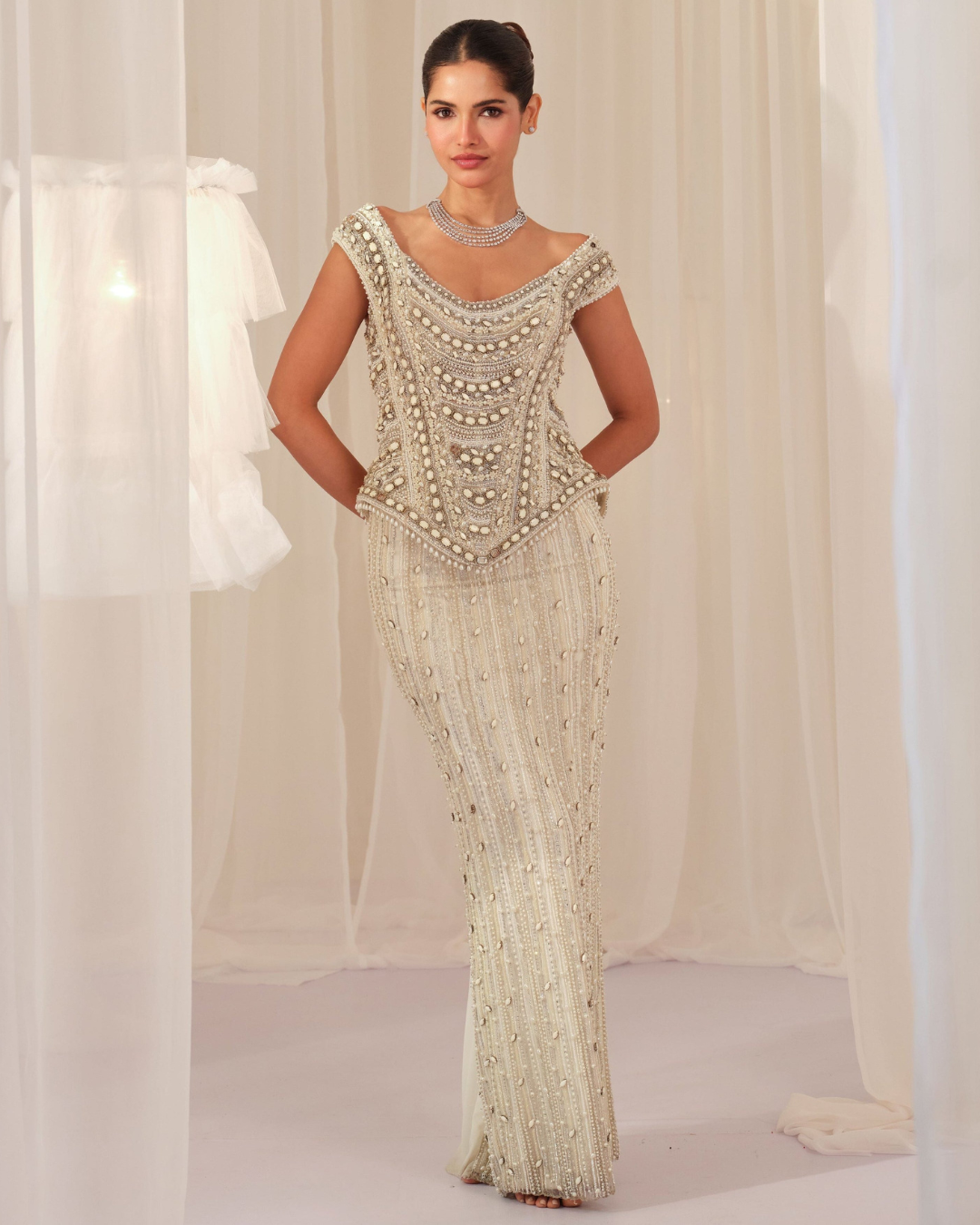 K&A By Karishma And Ashita - White Stone Crystal Corset with Beaded Pencil Skirt From First Love
