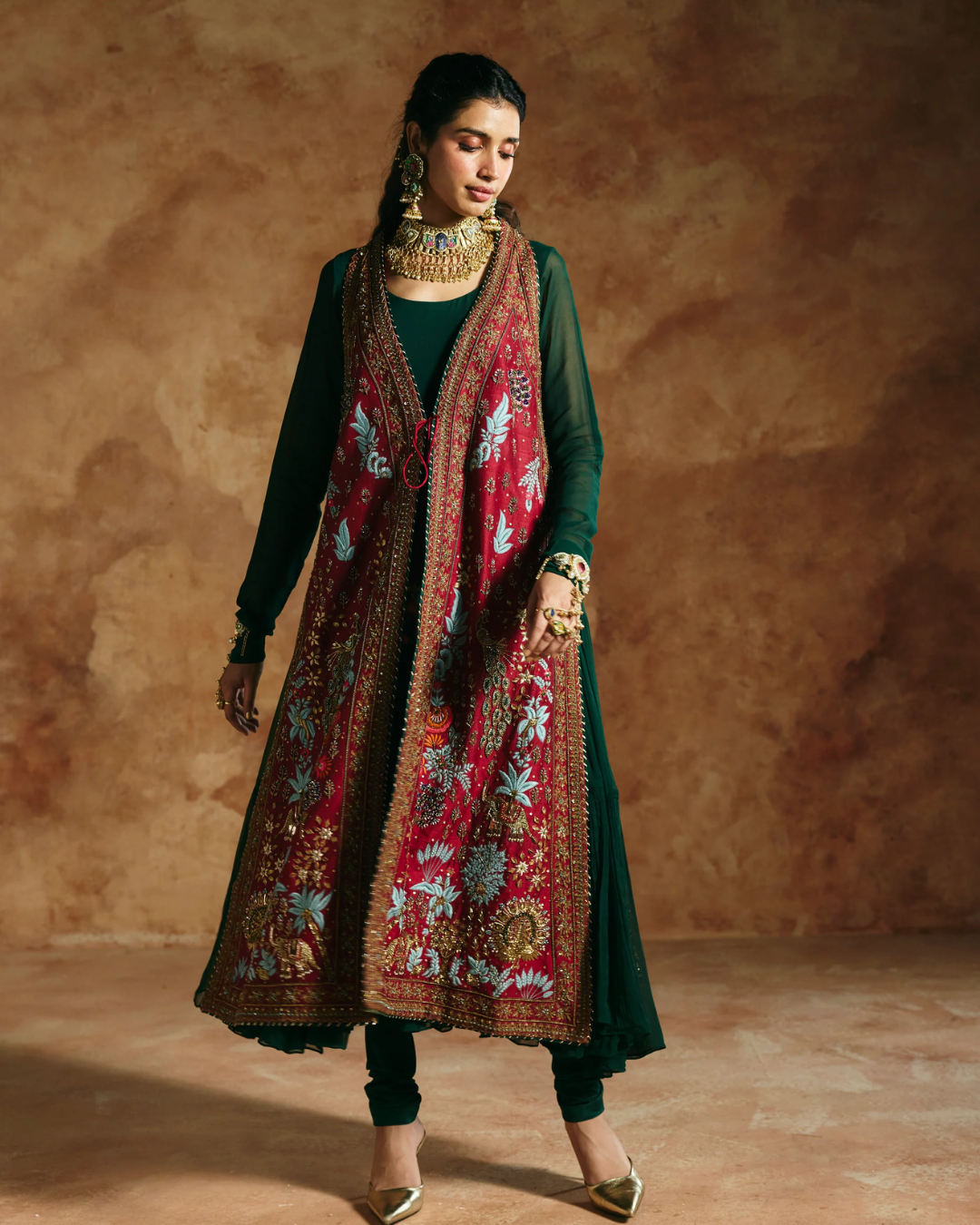 Aman Takyar - Red & Copper Jacket Set From Today's Sindh