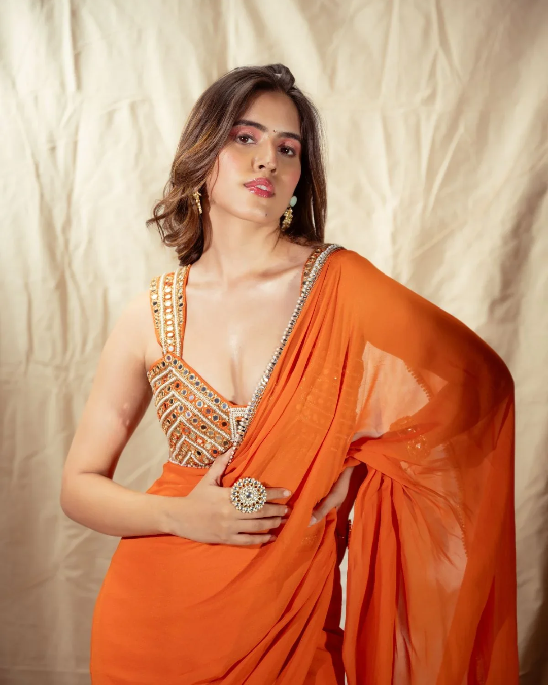 Anisha Shetty - Orange Prestitched Saree From Rangin