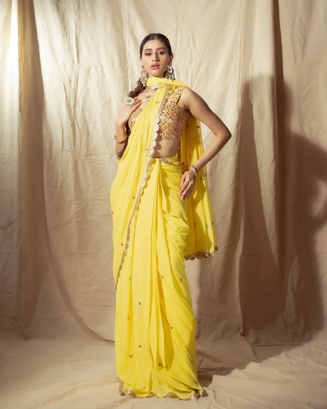 Anisha Shetty - Yellow Prestitched Saree From Rangin