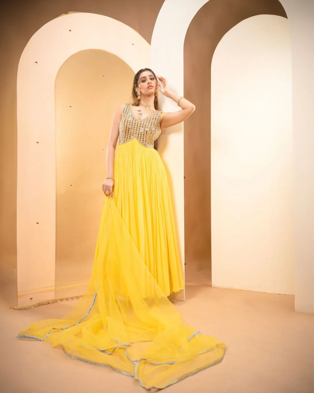 Anisha Shetty - Lemon Yellow Anarkali Set From Rangin