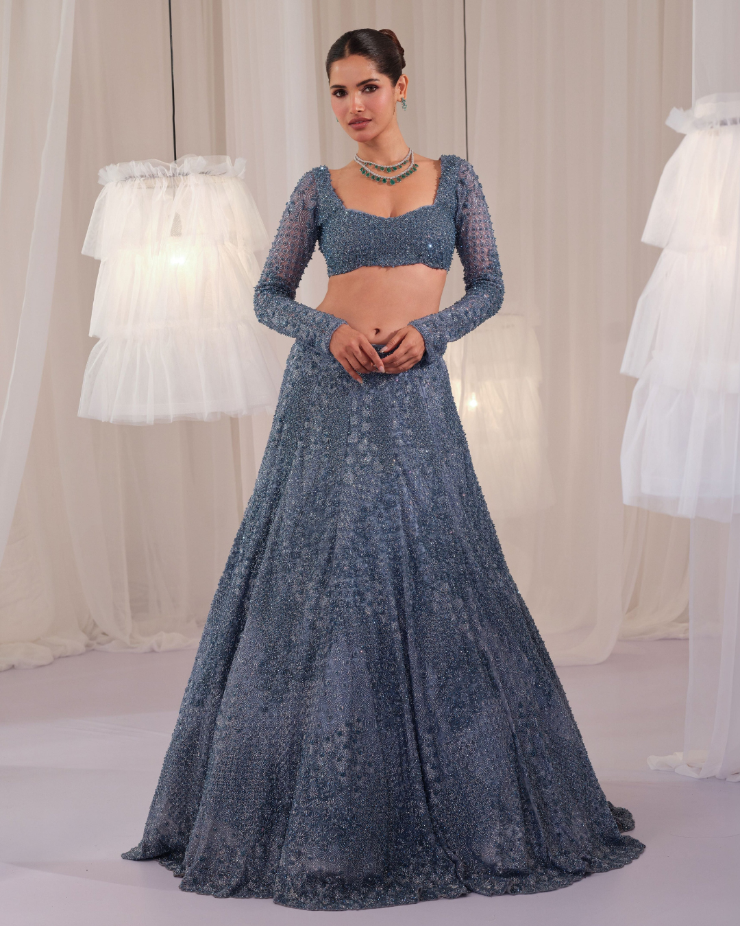 K&A By Karishma And Ashita - Metallic Blue Hand Embellished Blouse With Lehenga & Dupatta From First Love