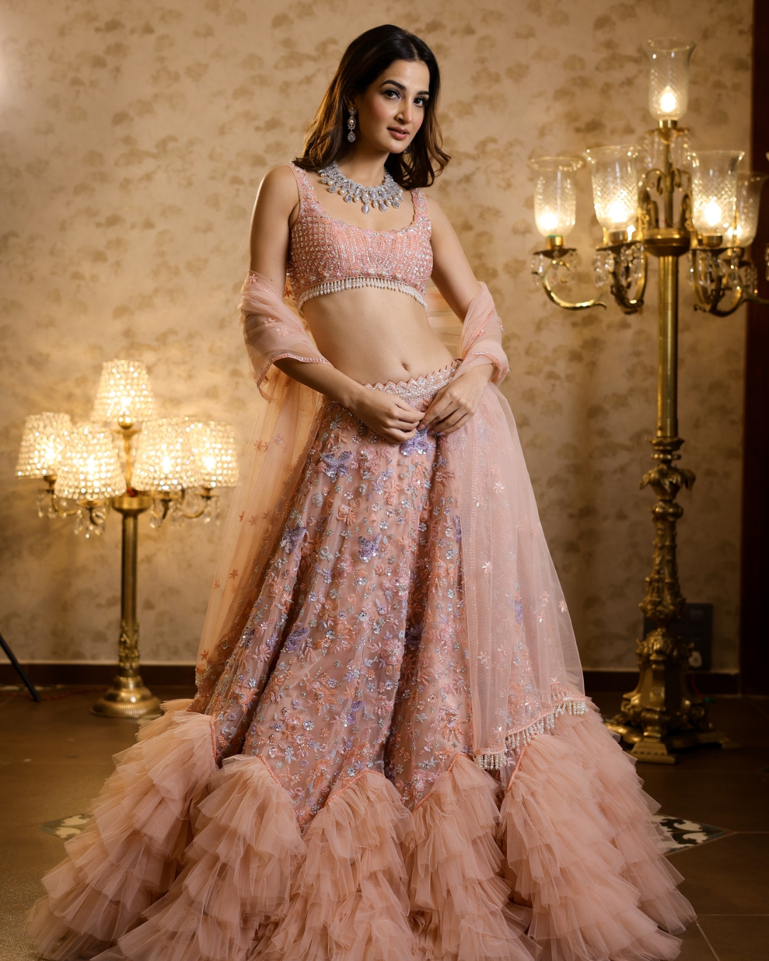 Isa by Dolly Wahal - Peach Frill Lehenga From Fiori