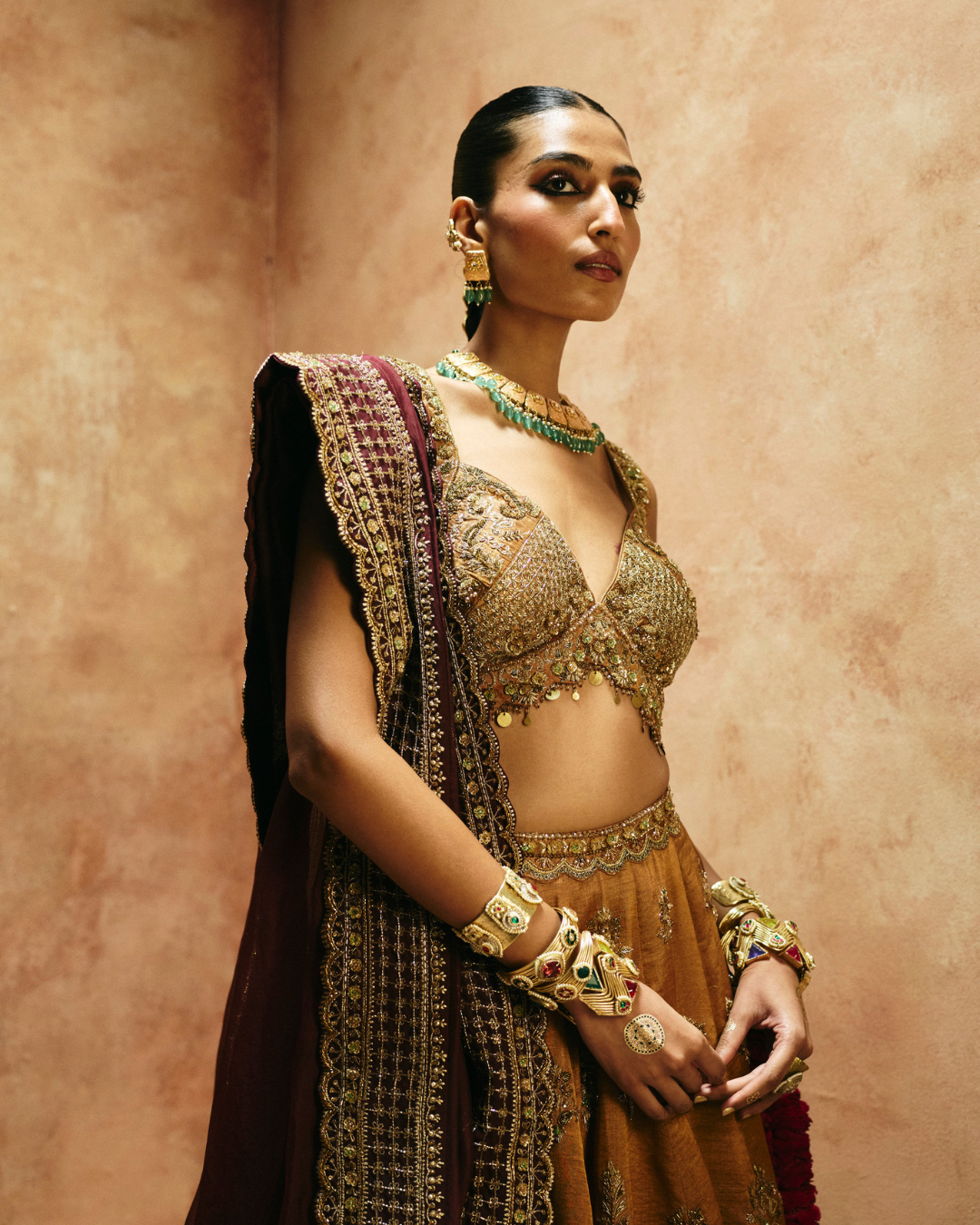 Aman Takyar - Copper Gold Tissue Lehenga Set From Today's Sindh
