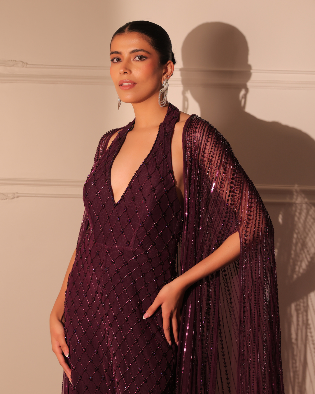Sonali Bansal - Wine halter neck jumpsuit with cape From Banno Ki Saheli