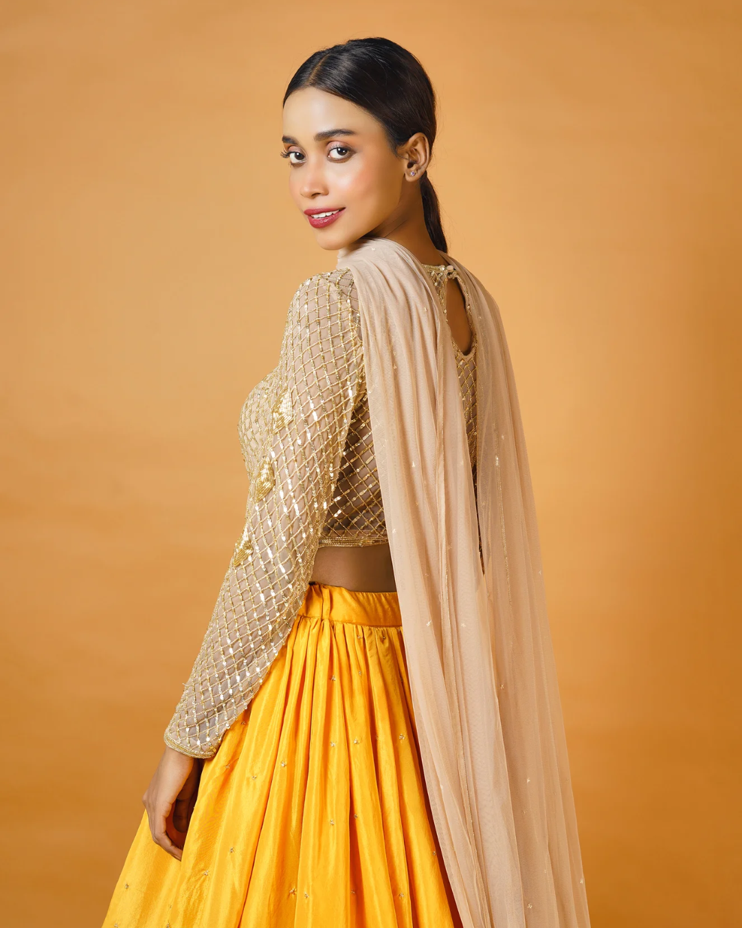 Sonali Bansal - Gold blouse and dupatta with fire yellow lehenga From Fiza