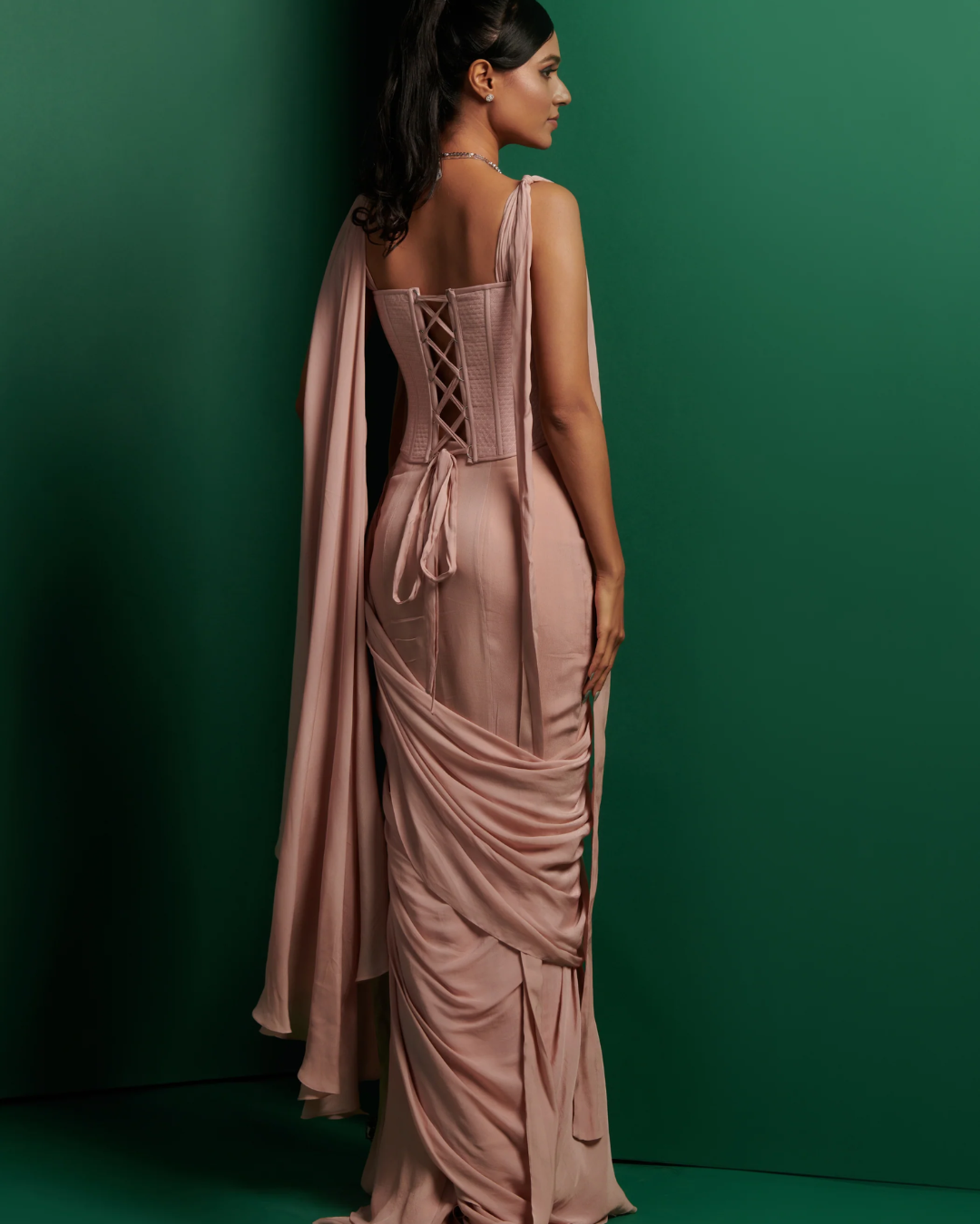 K&A by Karishma and Ashita - Pastel pink corset and drape with embellished cape From Barre Oblique