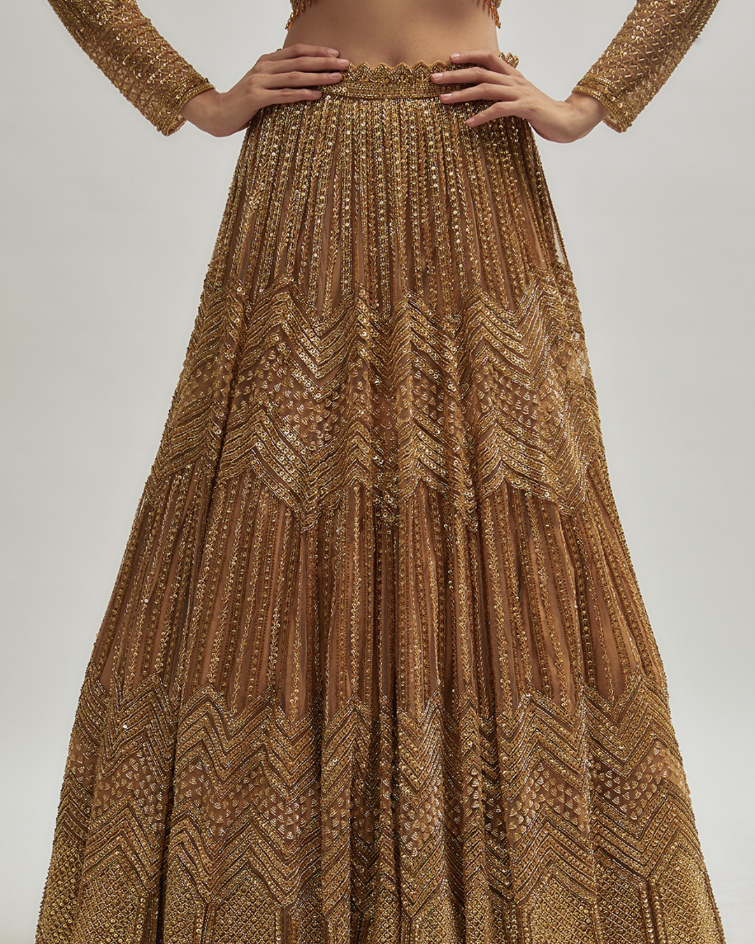Isa by Dolly Wahal - Dark Gold Net Hand Embroidered Lehenga Set