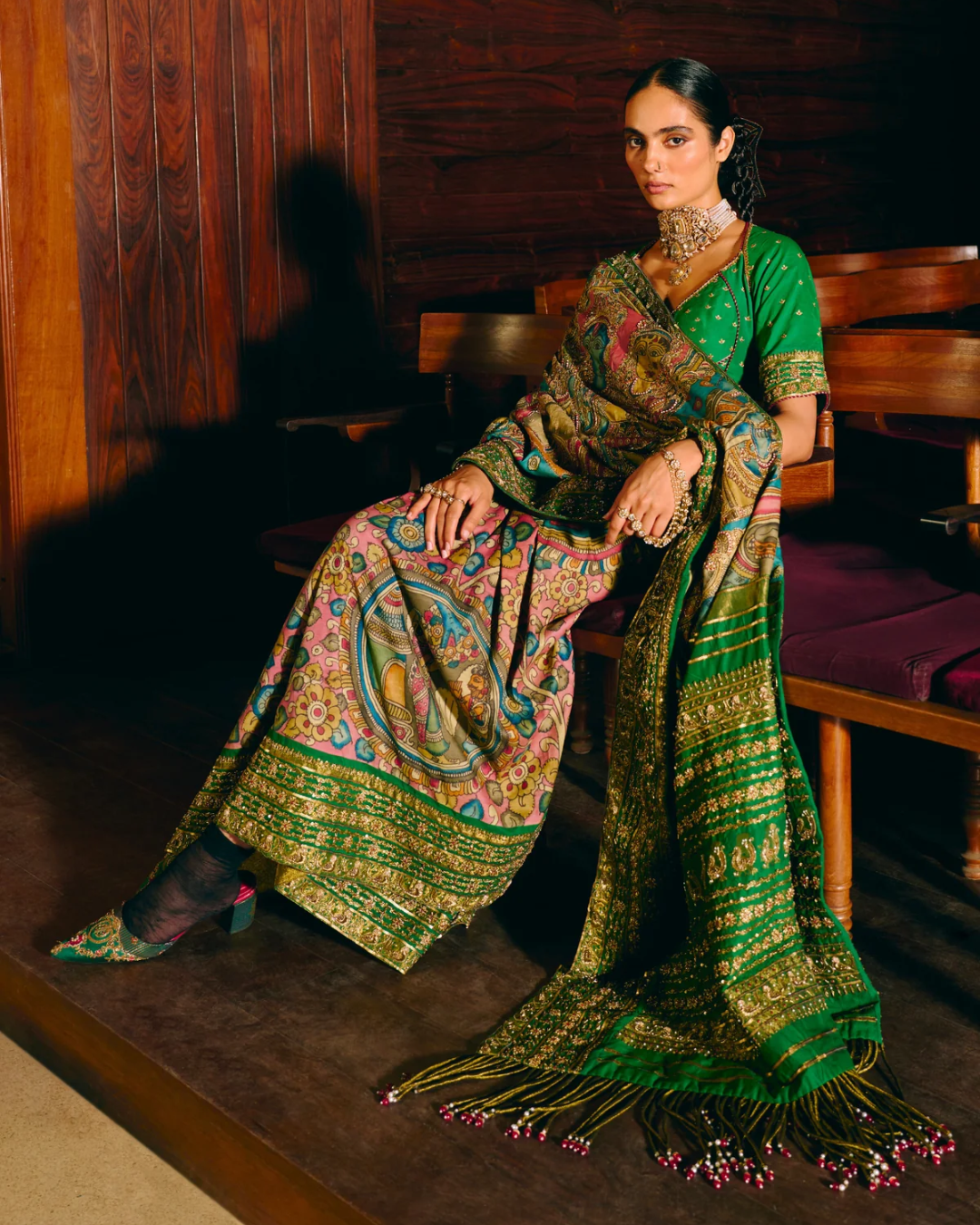 Aditi Gupta - Ramleela Onion Pink Saree with Green Blouse From Chitrakatha
