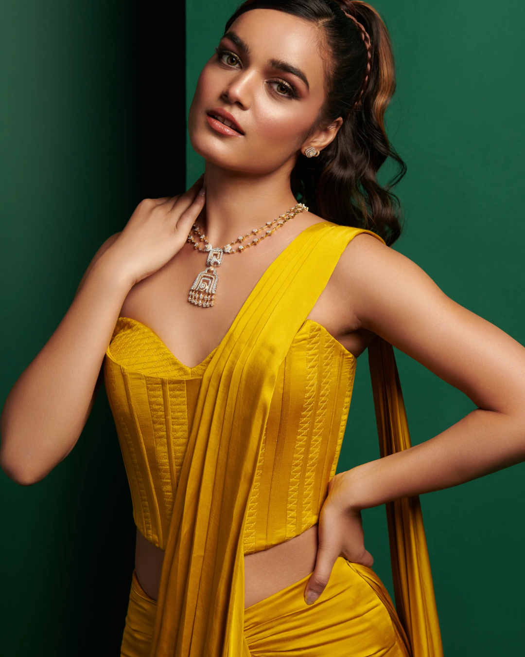 K&A by Karishma and Ashita - Golden yellow double corset with skirt drape saree From Barre Oblique