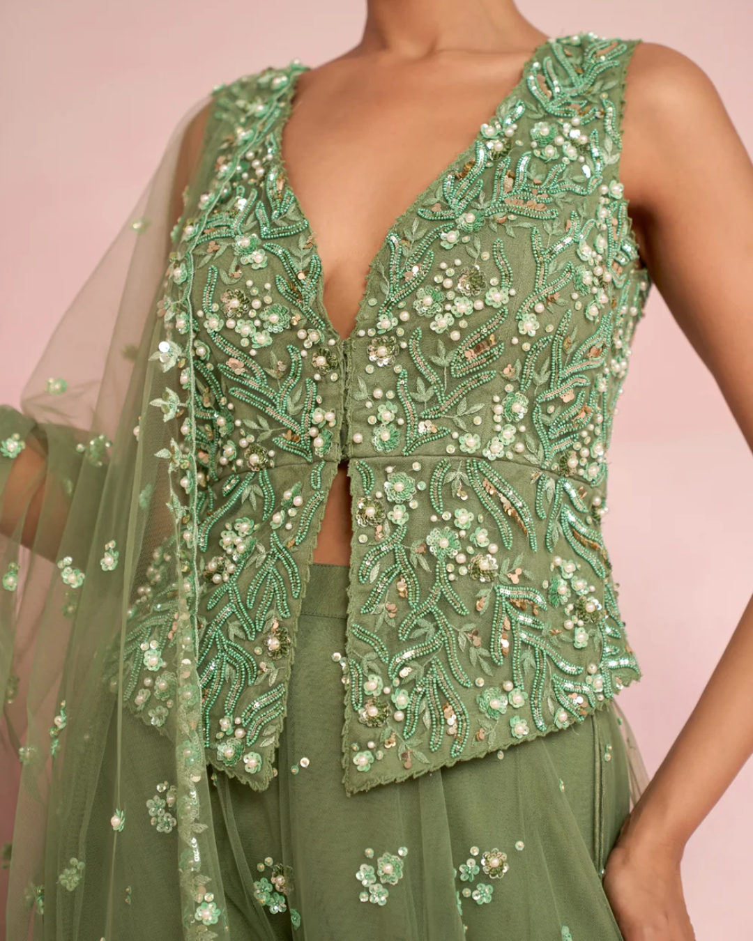 Prevasu - Sage Green Sharara Set From Solene