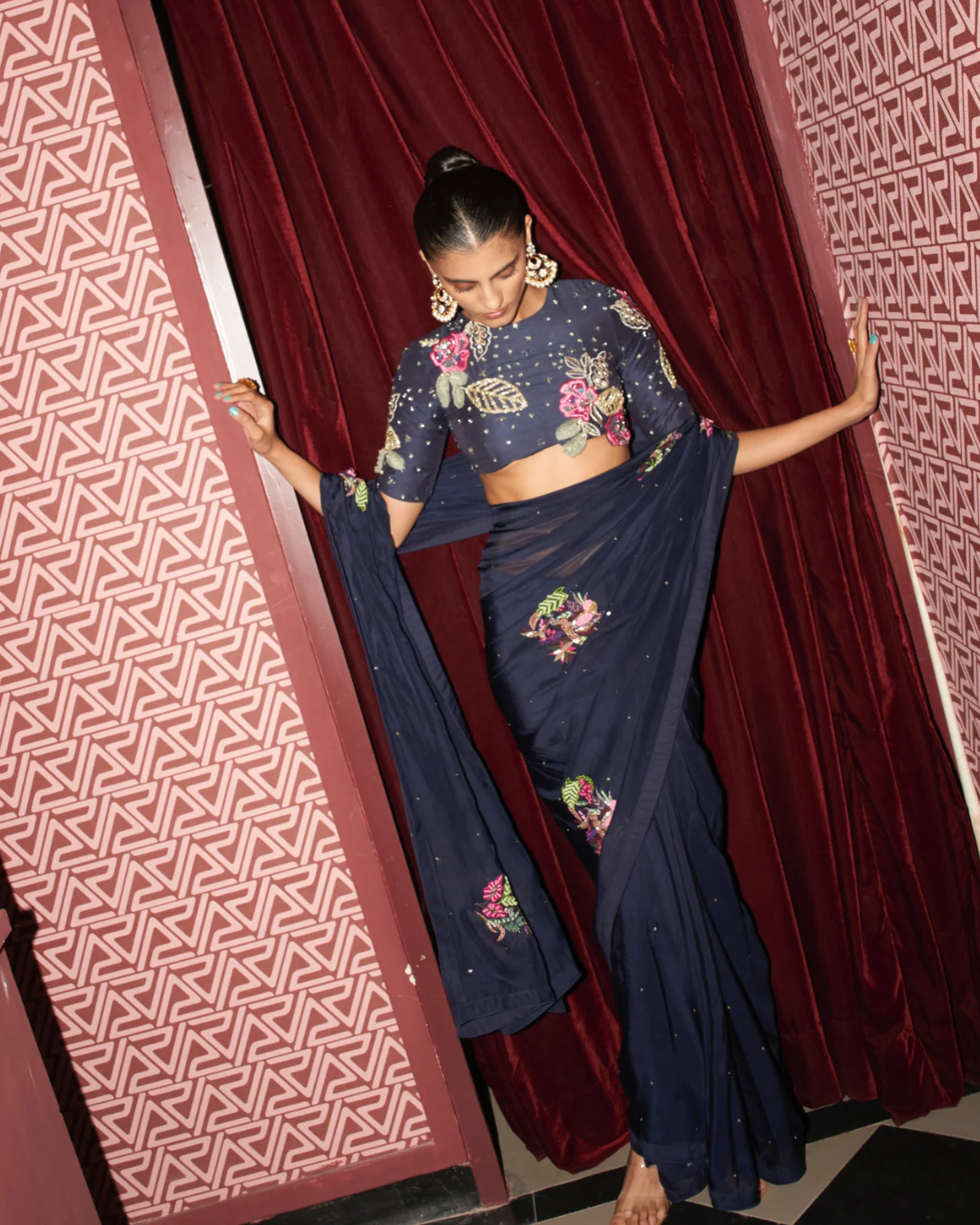 Rishi and Vibhuti - Midnight Floral Saree From Rock & Roll