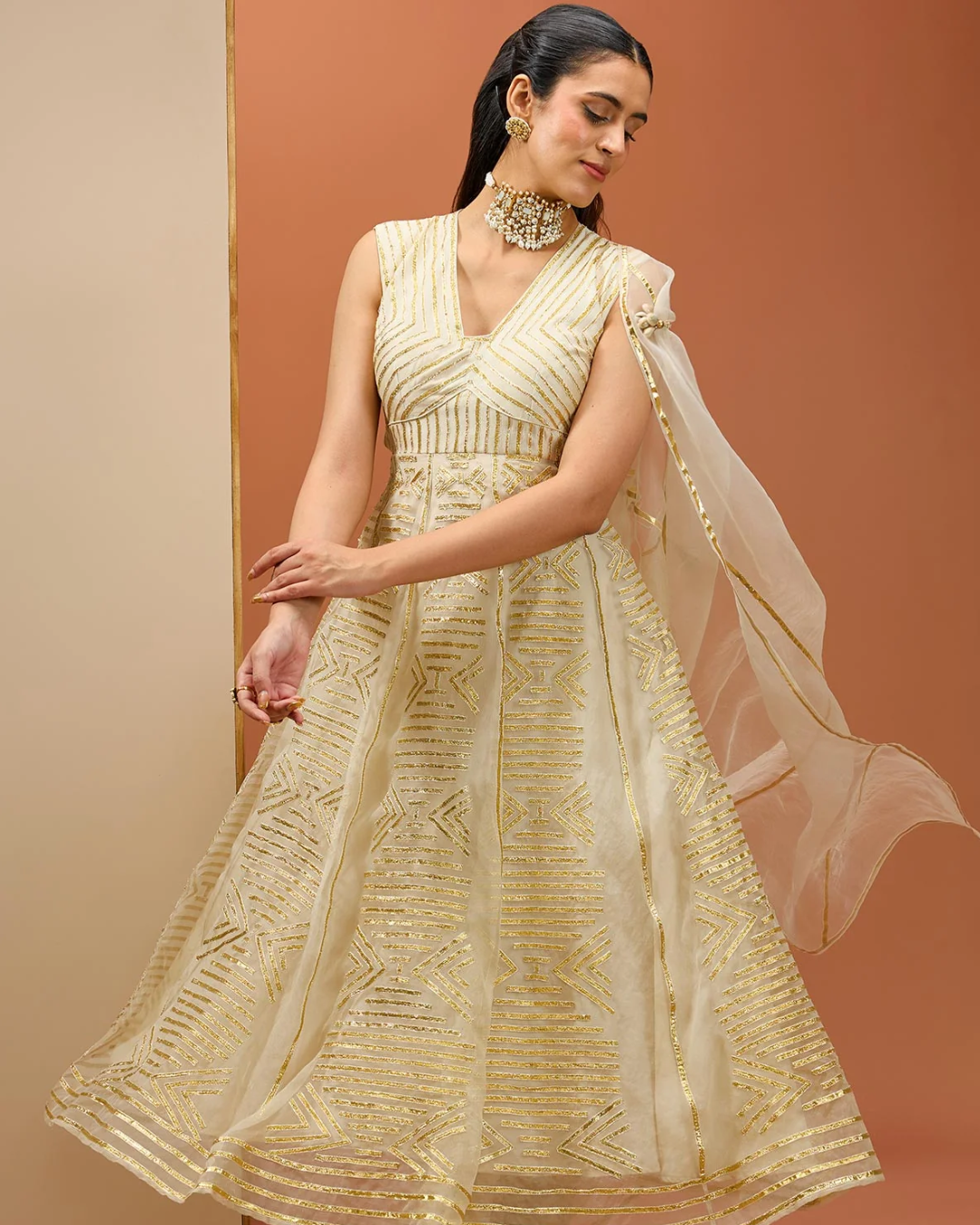 Esha Koul - Offwhite Golden Lasses Anarkali set From Noor
