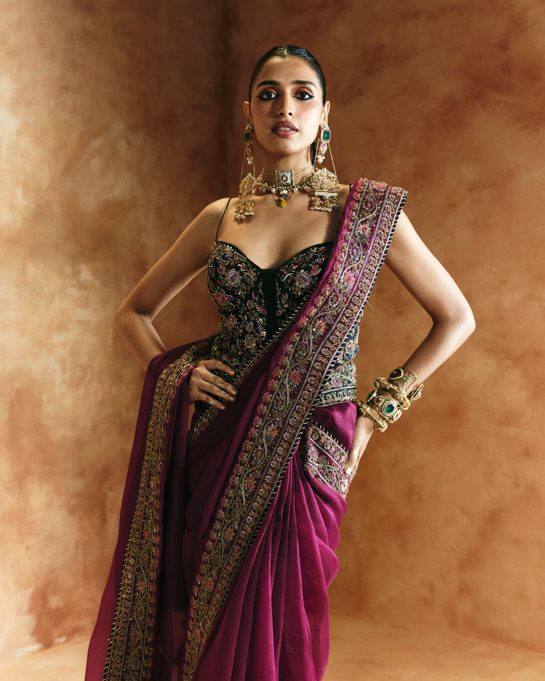 Aman Takyar - Black Multi-Colored Saree Set From Today's Sindh